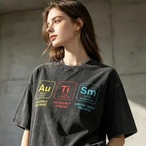 Women's Casual Round Neck Baggy Tshirt - 100% Heavyweight Cotton Short-Sleeve Oversized Vintage Washed Unisex "Au Ti Sm" Periodic Table Graphic Print Clothes, Summer Neurodiversity Science Streetwear for Autism Advocates