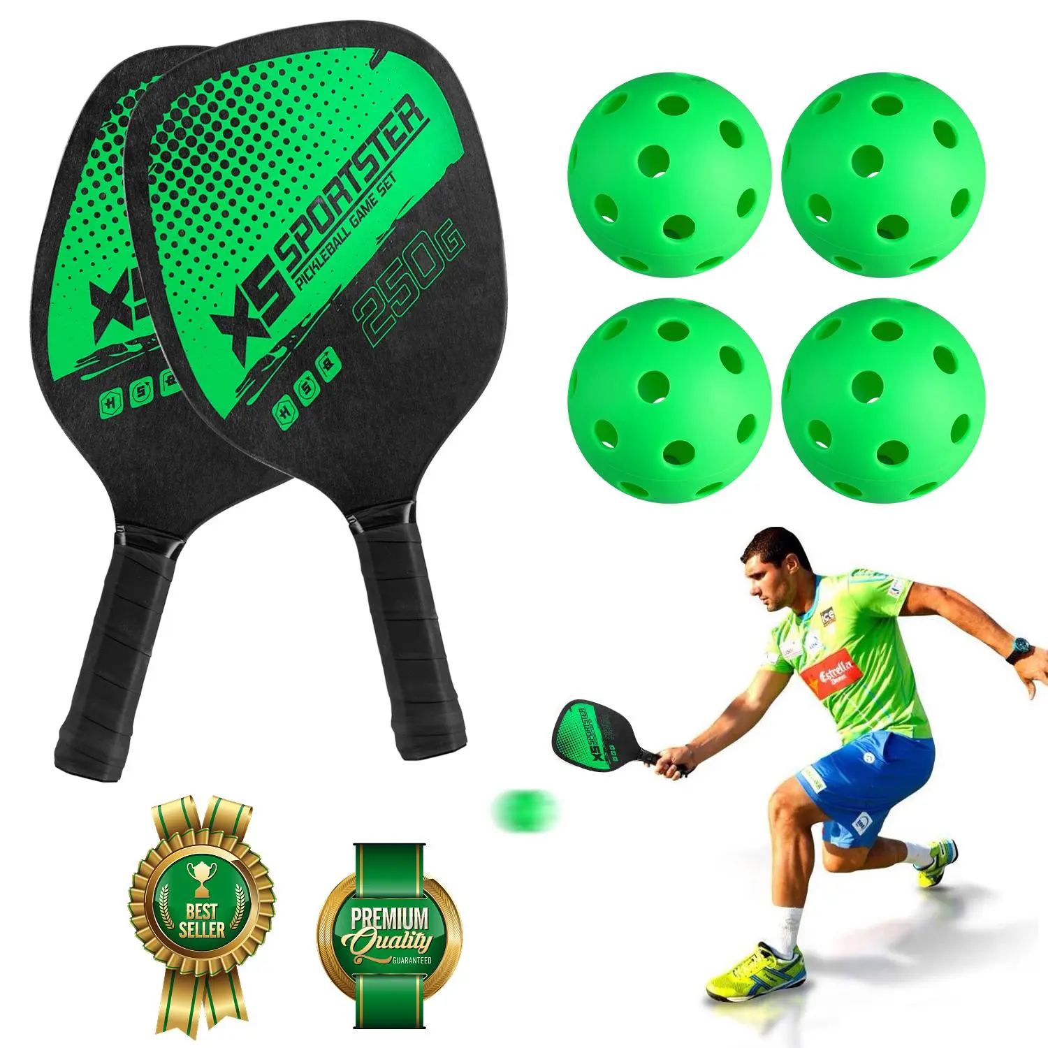 Wooden Pickleball Paddle Set, 2 Pack Lightweight Wood Paddles with 4 Pickleballs, Outdoor Indoor Recreation Game Kit for Beginners Family Daily Play