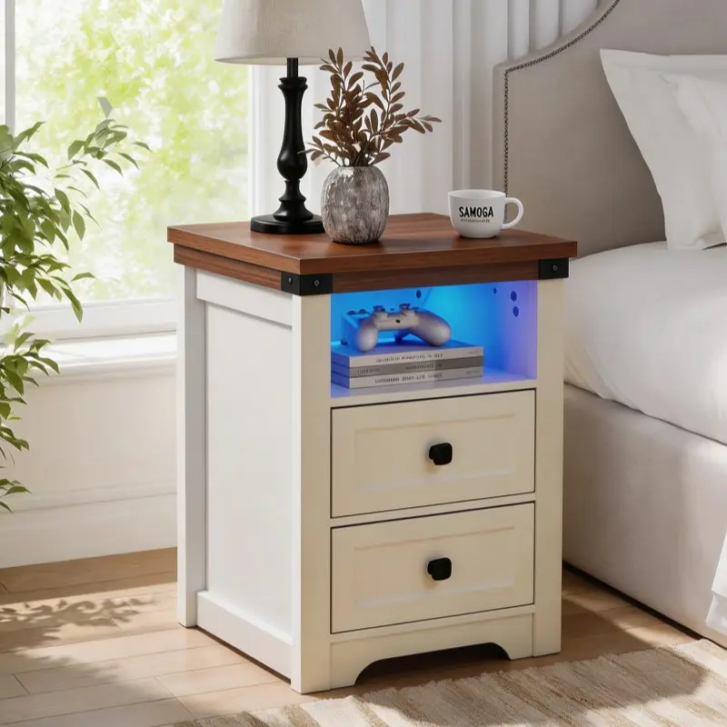 White Casual Farmhouse Nightstand - Vintage Wooden Piece with Charging Station, 1 Drawer, Open Shelf, Compact Multifunctional Storage Console Table for Bedroom, Digital Device Side Table