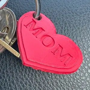 Mother's Day Car Key Chain - Heart-Shaped Key Chain with "MOM" Design, Red Color, Metal Ring Attachment