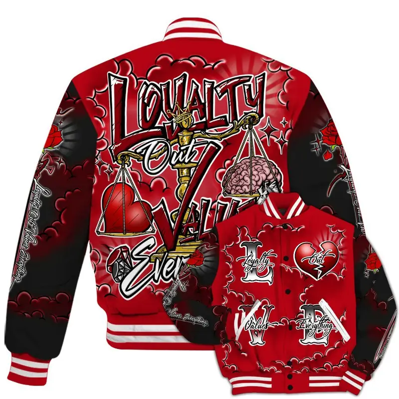 Bred Velvet 11s - Loyalty Wins Everything All Over Print Baseball Jacket Unisex Outfits, Stylish Unisex Streetwear Outerwear, Sneaker Match Gifts Idea for Her Him, Varsity Jacket Fan Shirt