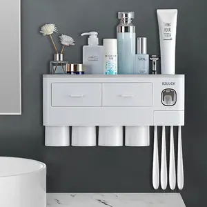 Toothbrush Holders for Bathrooms, 2 Cups Toothbrush Holder Wall Mounted with Toothpaste Dispenser - Large Capacity Tray, Cosmetic Drawer - Tooth Brushing Holder & Bathroom Accessories Organizer Organizing