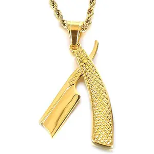 Gold Barber Razor Necklace For Men Women 316L Stainless Steel Trendy Barber Straight Razor Blade Knife Pendant Necklace Waterproof Non Tarnish Jewelry Birthday Father's day Gifts Idea For Dad Hushand Boyfriend Hairstylist Hairdresser Stylist Accessories