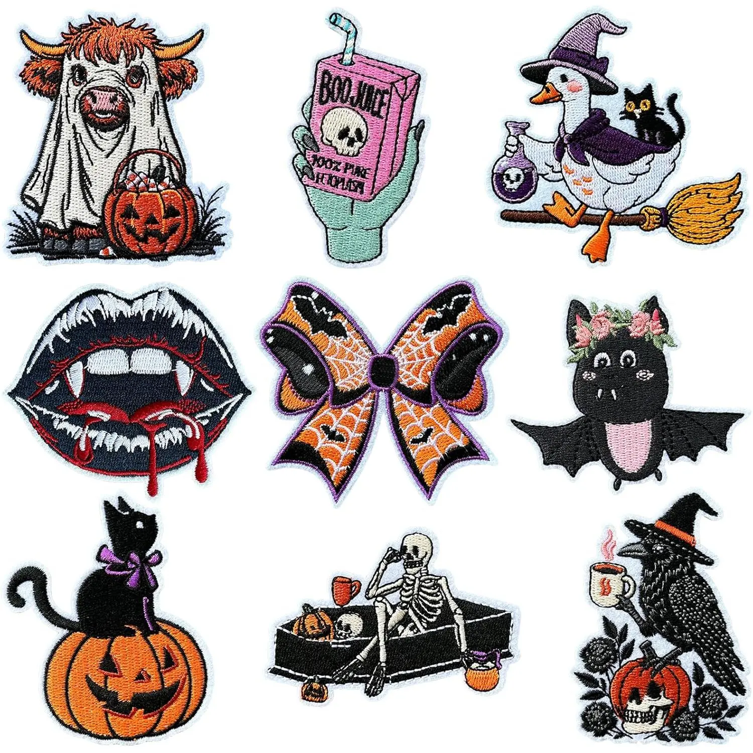 9 count  Iron on Patches, Cute Pumpkin Ghost Cow Boo  Goose Witch Bat Sew Iron on Embroidered Applique, DIY Craft Gifts for , Bow Patches for Clothes, Hats, Jeans, T-Shirts