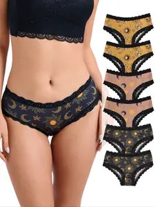 6-Pack Women's Lace Trim Panties Set, Comfortable Elastic Fabric, Starry Sky Fashion Print, Sexy Slim-Fitting Underwear, All Seasons