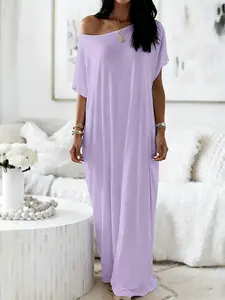 Summer Plain Asymmetrical Shoulder Short Sleeve Long Dress, Casual Loose Fit Sleepwear Loungewear, Ultra-Long Home Dress, 1 Piece