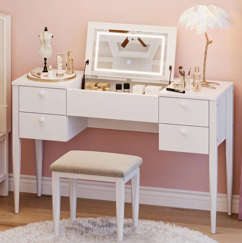 【Christmas Gift】Modern Makeup Dressing Table with Lighted Mirror, Small Dressing Table Storage with 4 Drawers, Lighting Mode LED Mirror, White Modern Makeup Table Set with Stool for Bedroom, Gift for Girls Women