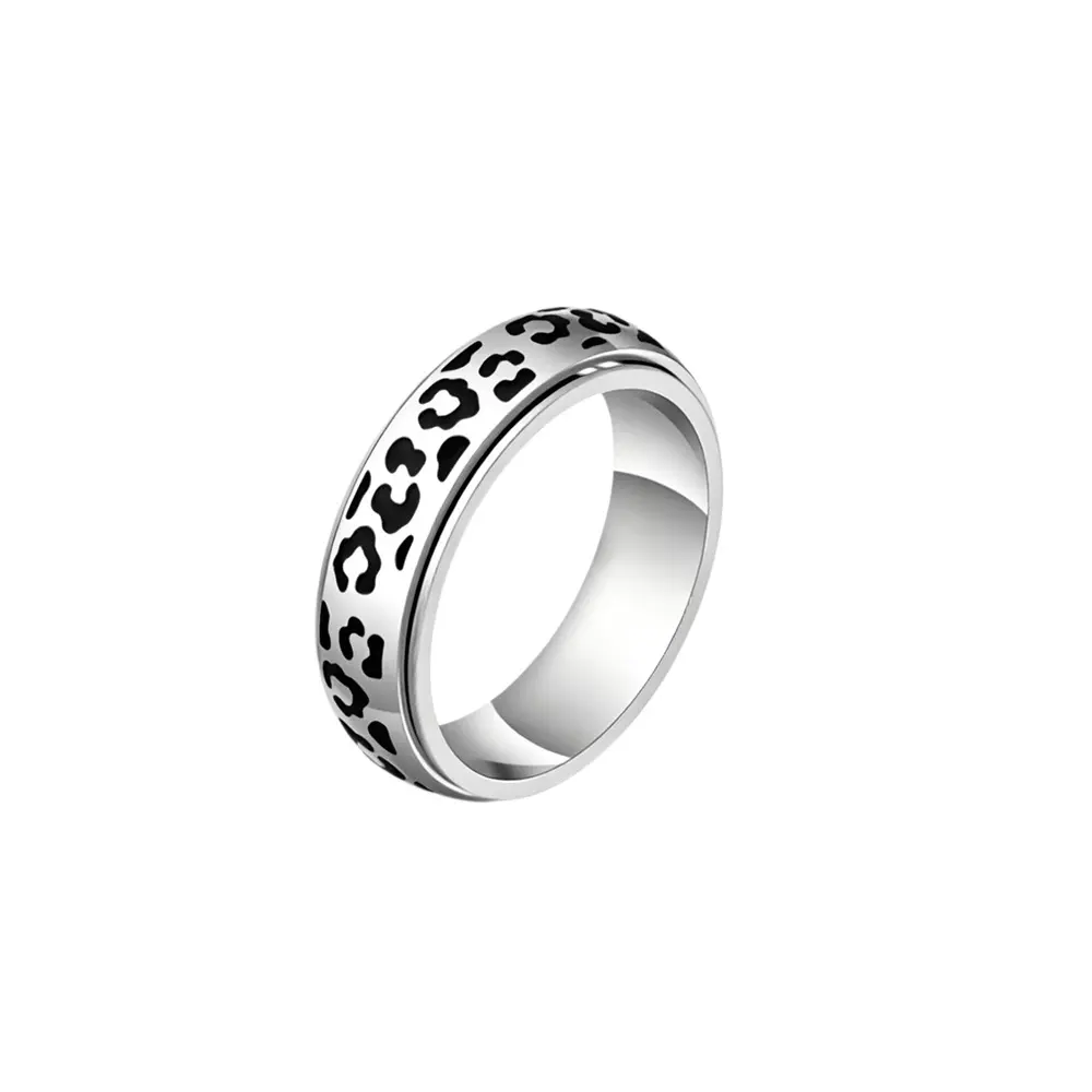 Unisex Fit Rotatable Leopard Print Titanium Steel Band Ring - Fidget Spinner, Daily Wear Stress Relief Costume Jewelry, Multiple Color Options, Sizes 5-11