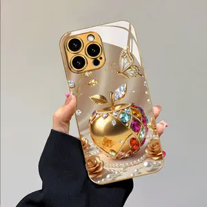 A high-end luxury electroplated glass phone case with apple pattern Suitable for iPhone 17 16, 15, 14, 13, 12, 11 Plus Pro Max