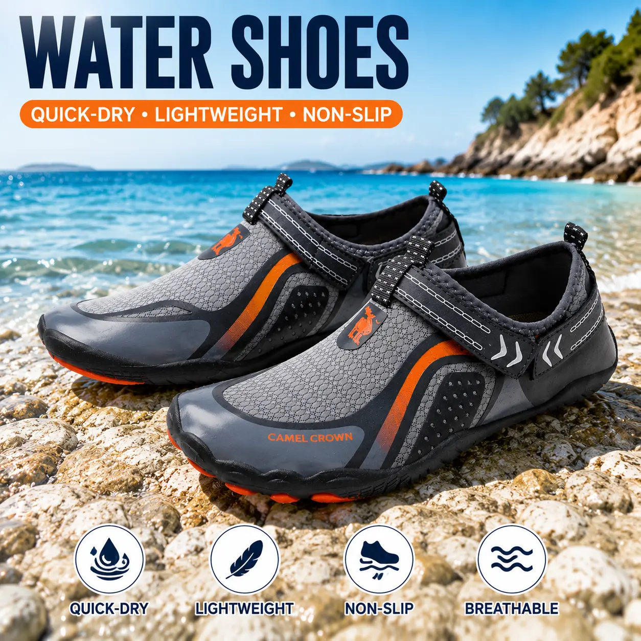 Breathable Aqua Shoes for Outdoor Enthusiasts, Men's Low Top Amphibious Sneakers with Adjustable Strap for Hiking and Water Sports, Beach Swimming Shoes, Quick Dry Watershoes