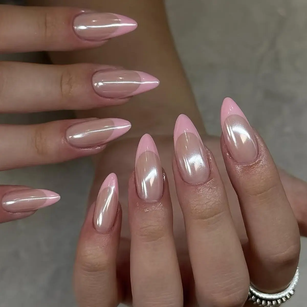 Glazed Pink French Tip Pearl Chrome Press On Nails Medium Almond 24 pcs, Glossy Nude Pink Fake Nails with Nail Glue, Adhesive Tabs & Nail File, Elegant Clean Girl Stick On Nails, Soft Chic Manicure Kit