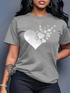 Fingerprint Heart Burst Women's Casual Fit Short Sleeve Crew Neck Cotton T-Shirt – Bestselling Romantic Graphic Print, Mustard Yellow, Machine Washable Spring & Summer Top, Soft Skin-Friendly Fabric, Daily Versatile, Fashion Design, Womenswear