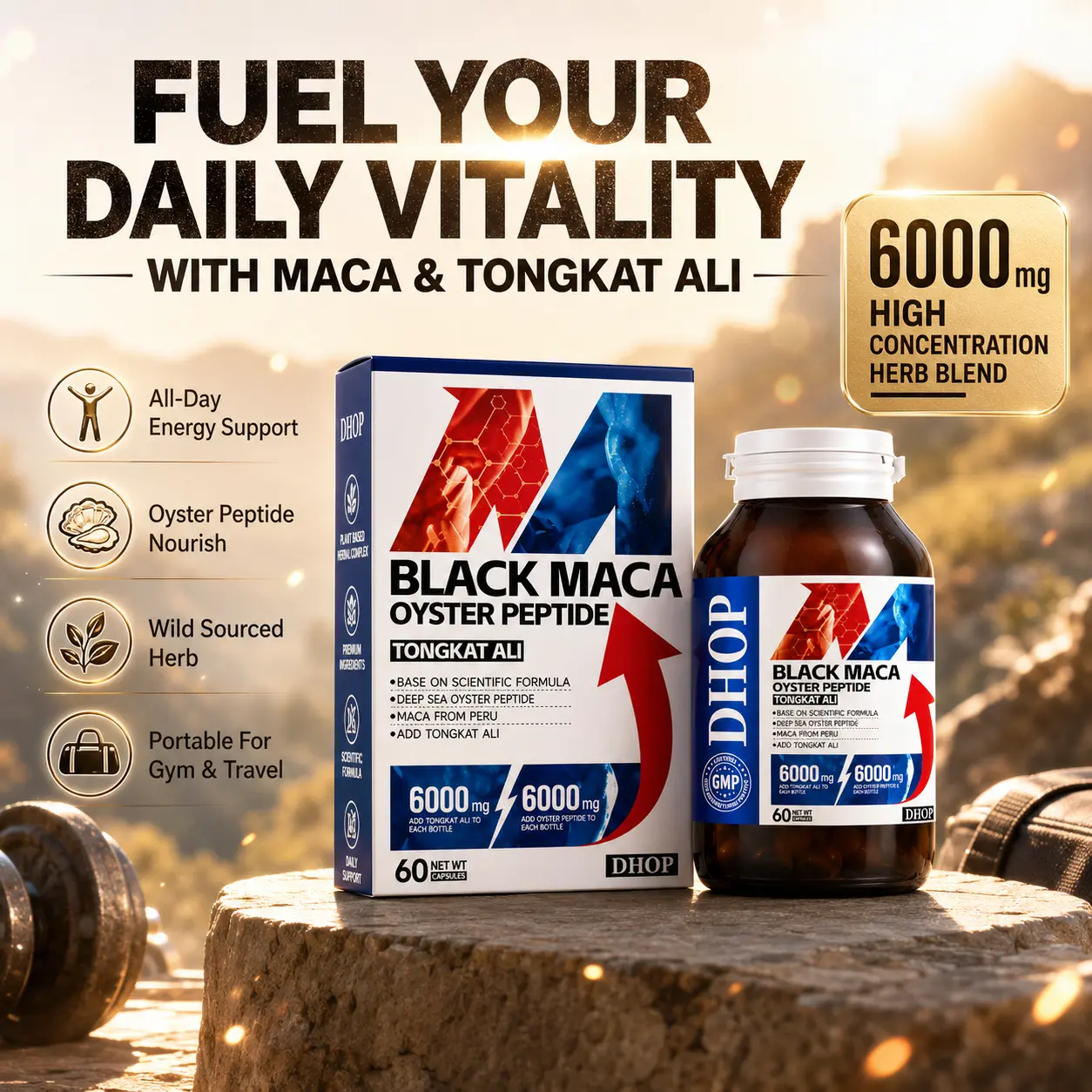 DHOP Natural High-Concentration Black Maca Tongkat Ali Complex Capsules, 6000mg Dual Potency Multi-Herb Formula with Oyster Peptide & Ginseng, Supports Daily Vitality for Active Men, 60 Capsules