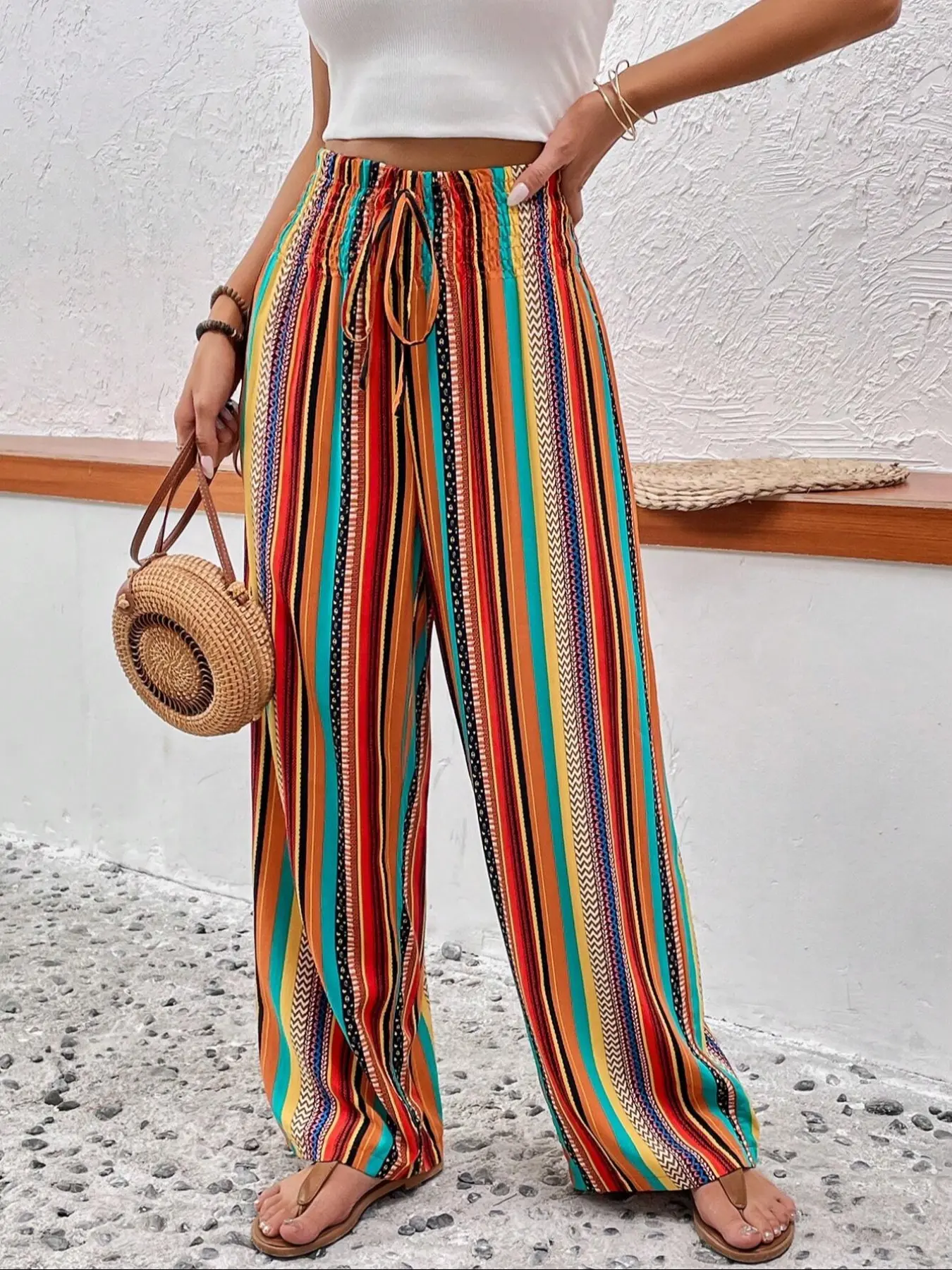 Women's Colorful Striped High Waist Fashion Pants, Comfortable Casual Long Trousers, Trendy Ladies' Clothing for Everyday Wear, Casual Loose Pants, Casual Comfy Trouser, Casual Chic Trousers, Casual High Rise, Casual High Waisted