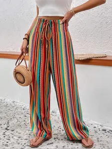 Women's Colorful Striped High Waist Fashion Pants, Comfortable Casual Long Trousers, Trendy Ladies' Clothing for Everyday Wear, Casual Loose Pants, Casual Comfy Trouser, Casual Chic Trousers