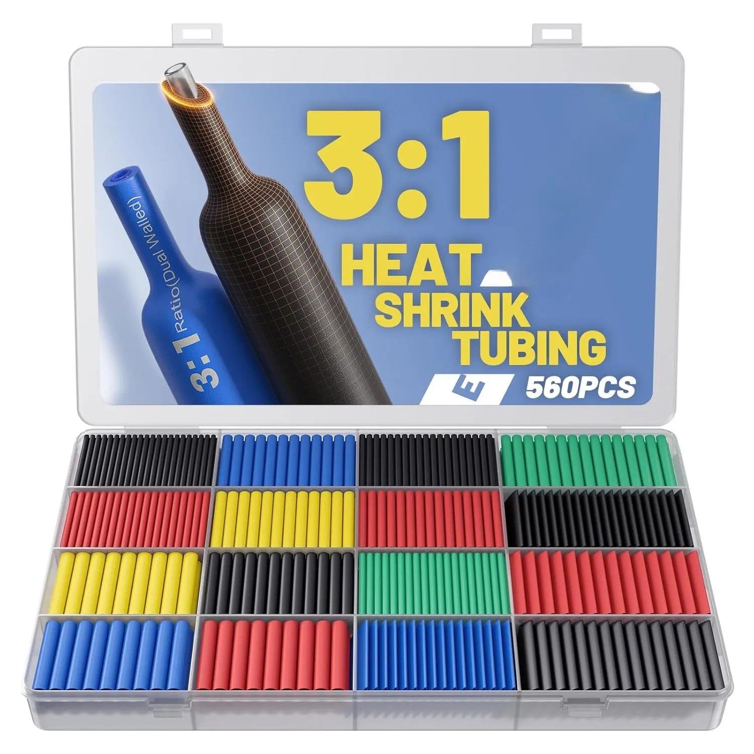 560 count Heat Shrink Tubing Kit - 3:1 Ratio Adhesive Lined, Wire Shrink Wrap Tubing, Marine Grade Industrial Heat-Shrink Tubing, 7 Sizes 5 Colors