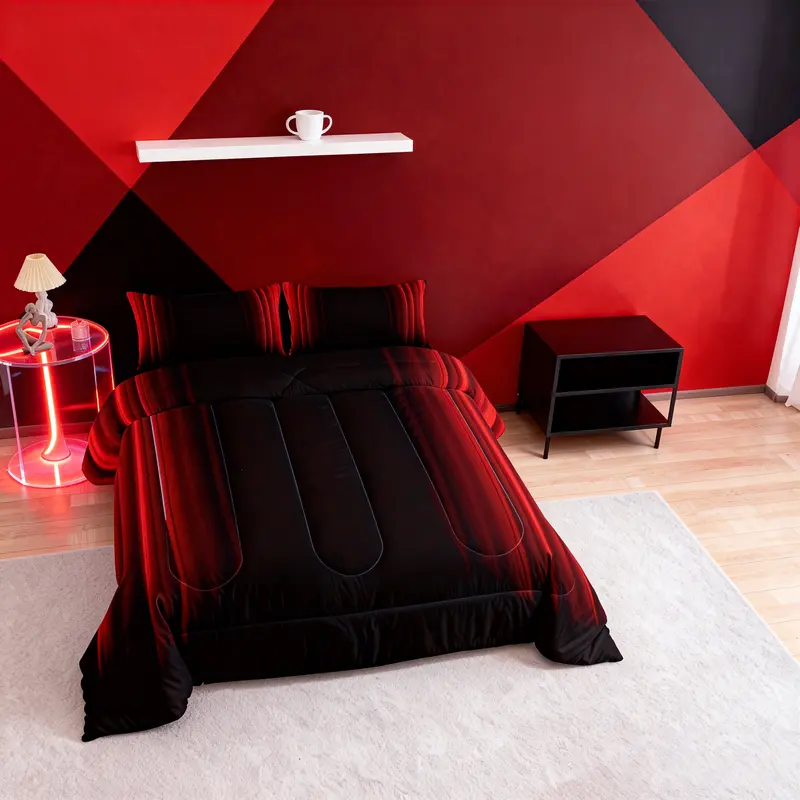 Feelyou Abstract Ombre Print Duvet Set - Twin, Full, Queen, King Sizes, Red Black Geometric Design with Pillowcases, Breathable, Microfiber Bedding, Queen Comforter Set, Machine Washable Modern Room Decor