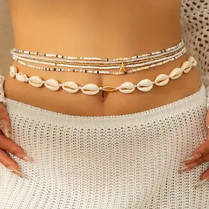 Boho Shell Waist Chain for Women Beach Seashell Belly Chain Layered Beaded Waist Jewelry Y2K Aesthetic Bikini Body Chain TikTok Viral Summer Vacation Accessories