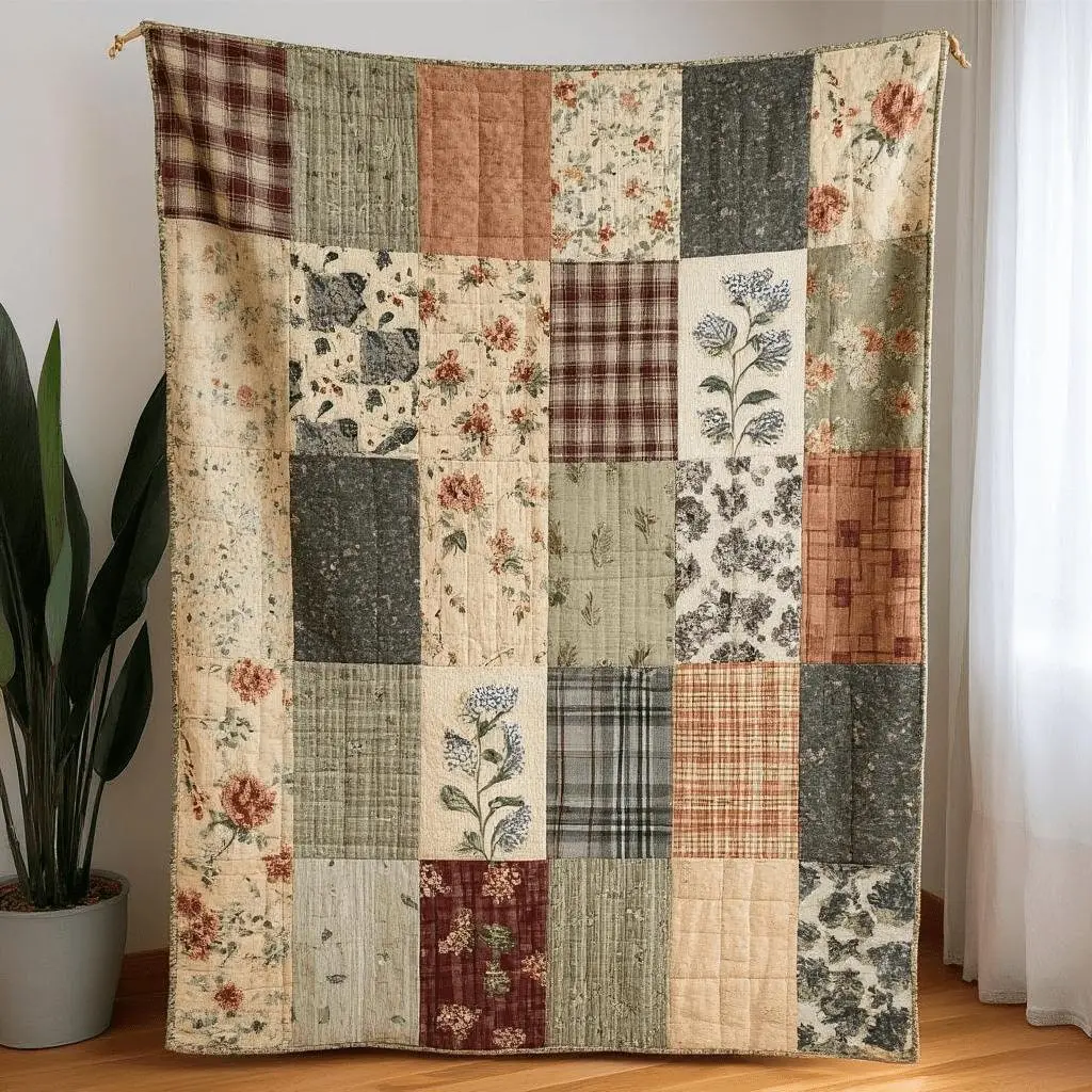 Vintage Patchwork Quilt with Colorful Floral and Geometric Patterns,, Home Decorative Towel and Blanket