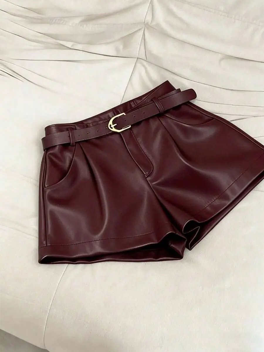 Womens Solid Color PU Leather Pleated Shorts, Casual High Waist Commuter Fashion Bottoms
