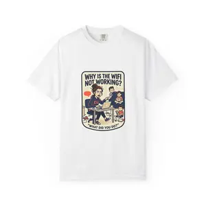 Men's Soft Short-Sleeve Cotton Knit Tshirt - Vintage Menswear Streetwear Relaxed Fit Top, Casual Retro Cartoon Tech Humor "Why Is The WiFi Not Working?" Shirt with Wide Palette