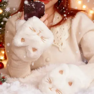 Portable Hand Warmer, Rechargeable Smart Heating Glove, Perfect for Students, Remote Workers, Home Comfort, Plush Cat Paw Half Finger Gloves