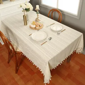 Lace Edge Tablecloth, High-End Cotton Linen Dustproof Farmhouse Style, Hollow Out Home Use Non-Slip Table Mat, Premium Heat Resistant