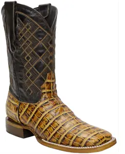 Silverton Crocodile Belly Print Leather Wide Square Toe Boots (Honey)
