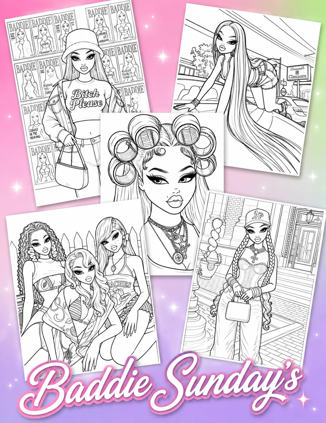 Baddie Sundays Collectibles - 5-Piece 8.5” x 11” Paper Prints, Home Decor Accents, Color Like a Baddie New Pages to Color Artwork For Walls Unique Artwork