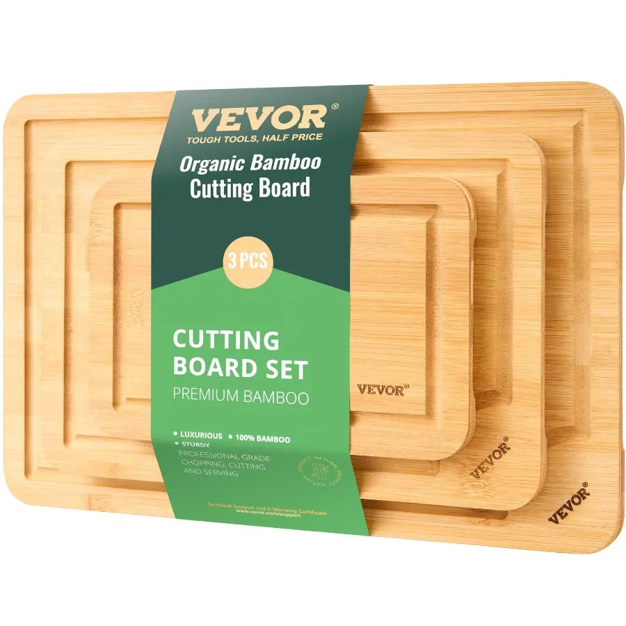fathersdaygift VEVOR Cutting Board, 3 Pieces, Premium Versatile Bamboo Cutting Board with Food-Grade Oil and Juice Groove, Sturdy Durable Chopping Board with Built-in Handle, Fit for Display, Chopping Serving