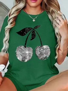 Plus Size Women's Small Cherry Print T-Shirt - Edge-Printed Design, Medium-Thick Comfortable Fabric, All-Season Wear