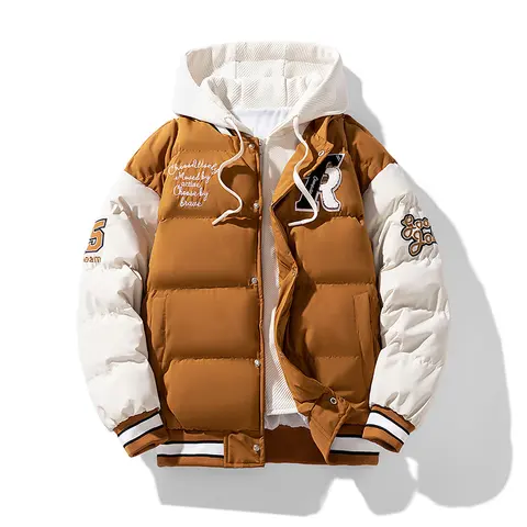 Men's Stylish 2-Piece Fitted American Style Mock Neck Down Coat Set, Winter Cotton Hooded Zipper Outerwear with Knitted Embroidered Baseball Cap - Chic Western Mens Clothing