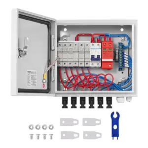 VEVOR PV Combiner Box, 6 String, Solar Combiner Box with 15A Rated Current Fuse 125A Circuit Breaker Lightning Arrester and Solar Connector, Steel Case for On/ Off Grid Solar Panel System, IP65