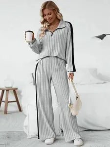 Women's Fall Winter Fashion Colorblock Ribbed Knit Set, Half-Zip Long Sleeve Top & Pants, Casual Style for Ladies Womenswear