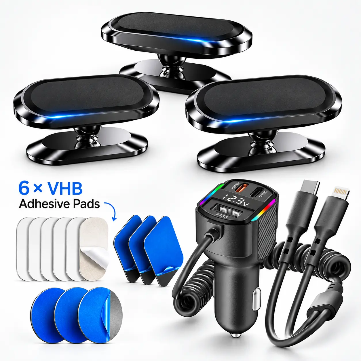 3PCS Magnetic Car Phone & Tablet Mount with 4-in-1 Fast Retractable Car Charger, Universal 360° Adjustable iPad Mount, QC3.0 Type-C & Lightning Charger for Car Navigation, Secondary Screen & Tool Upgrade