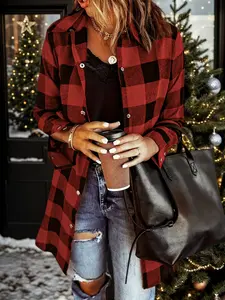 Women's Gingham Shirt, Casual Button Up Loose-Fitting Long Sleeve Top, Woven Fabric, All Seasons Wear, Moderate Thickness
