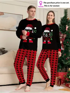 Couple's long-sleeved shirts, long pants, home wear and pajama sets, round-neck design, single sets for men and women, Christmas check hats, letter element home wear