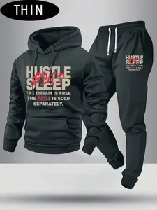 Men's spring and autumn thin letter pattern print hoodie and sweatpants set, stylish casual men's pocket street sports jogger pants with elastic waistband and drawstring, two-piece long pants set, perfect gift for men