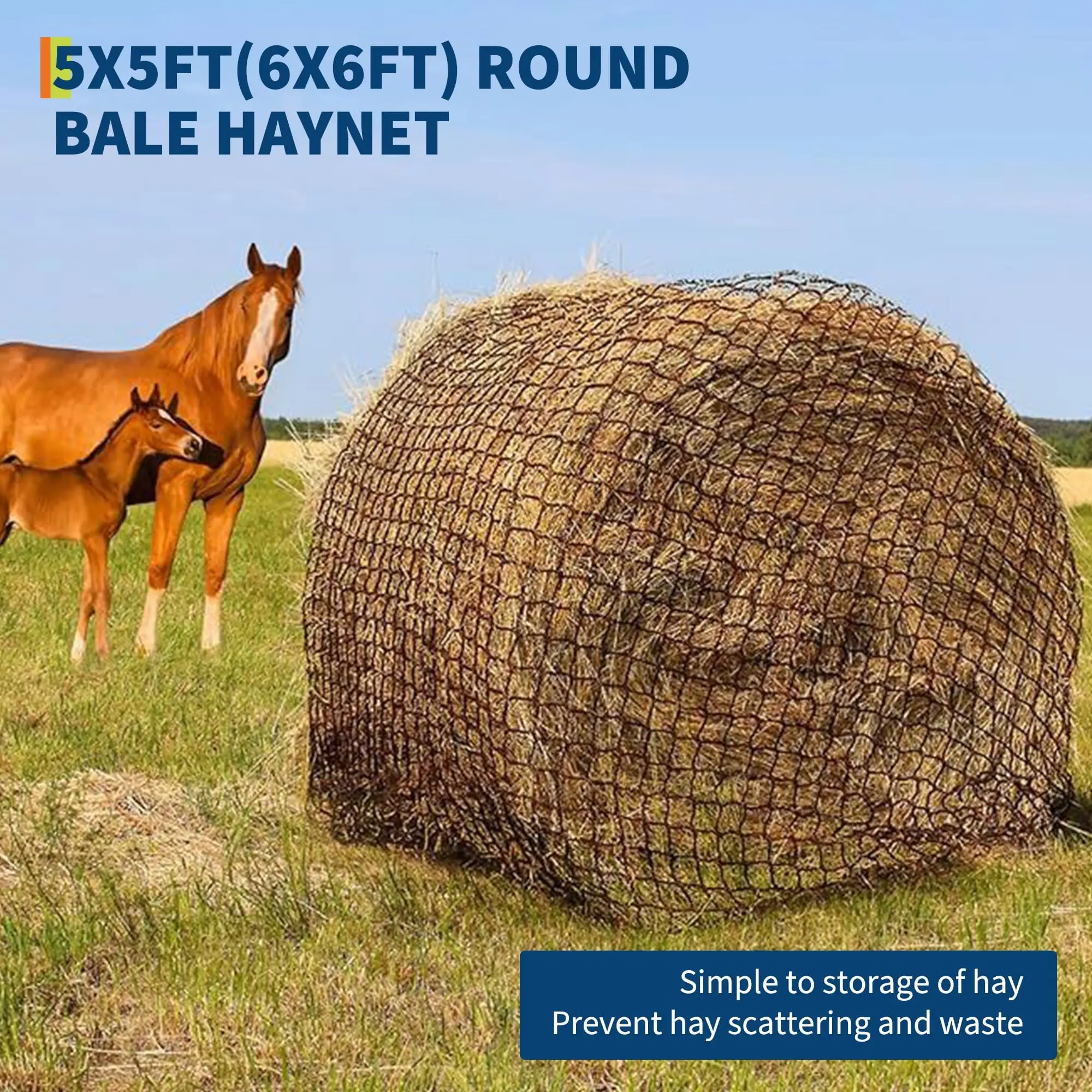 Round Bale Hay Net for Horses and Goats, Knotless Design Slow Feed Hay Net with 2” Holes Large Heavy Duty Slow Feeder Nets