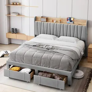 Garvee Twin XL Bed Frame with Upholstered Headboard, Platform Design Featuring Storage Headboard, Metal Drawers, Wooden Slats, Charging Station, Suitable for Bedroom, Sturdy and Spacious