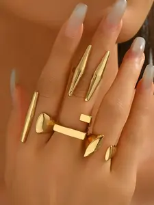 Set of 4 Geometric Polished Metal Rings, Stacking Ring Set, Unique Column Design, Elegant Jewelry Series, Perfect Gift Choice, All-Season Wear