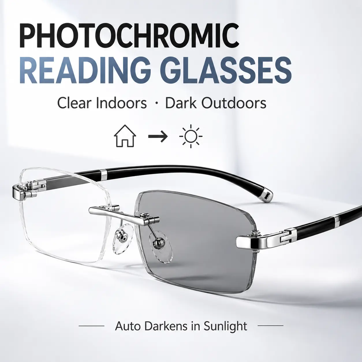 Father's Day Gift High Quality Rimless Eyewear for Male - Diamond-Cut TR90 Photochromic Frames, Smart Auto Tint PC UV400 UV+Blue Guard Protection Lenses, Everyday Use for Reading, Driving, Statement Glasses