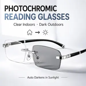 Farther‘s Day Gift- Rimless Shades with Diamond-Cut TR90 Frame, Smart Photochromic PC Lenses, UV & Blue Light Protection, Stylish Protective Glasses for Reading, Driving, the best gift for father