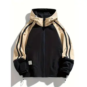 PlusSizeMenElegantContrastColorHoodedJacketSpringAutumn,OversizedlooseJacketSports/Outdoor,MenClothing