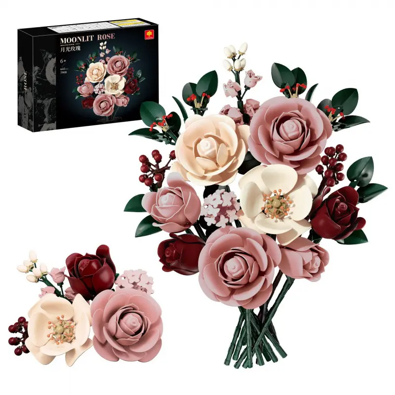 IUOUTG Pink Rose Flower Building Set, 645PCS Moonlit Roses Botanical Collection Kit for Adults Women - Home Decor for Bookshelf Bedroom, Birthday, Christmas and Valentine's Day gifts, suitable for girls. No Vase Included