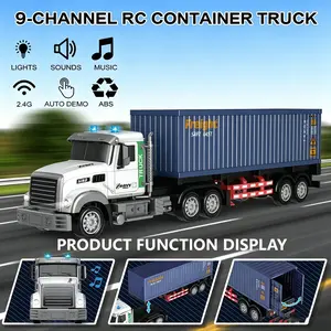 1:12 RC Container Transport Truck, 9 Channel 2.4G Remote Control Car, Detachable Trailer Design with Lights & Sounds, Recargable Simulation Cargo Lorry Toy, Ideal Birthday Gift for Boys & Kids