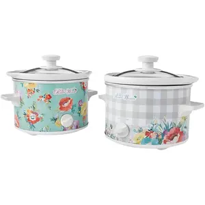 Floral & Checkered Slow Cooker with Lid, White Base, 2-Piece Set, Ideal for Cooking