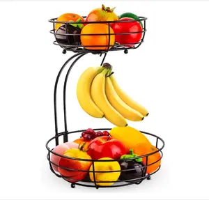 Auledio Iron 2-Tier Countertop Fruit Vegetables Basket Bowl Storage With Banana Hanger, Black, 64 ounces