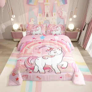 Unicorn Bedding Set for Girls,Kawaii Rainbow Unicorn Comforter Set,Unicorn Bedroom Decor Cartoon Horse Duvet Set