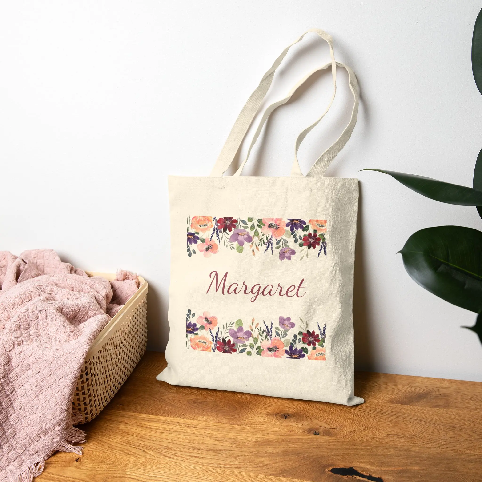Personalized Floral Cotton Canvas Tote Bag | Custom Name Bag | Eco-Friendly Shopping Bag | Gift for Her | Beach Tote | Cute Carryall